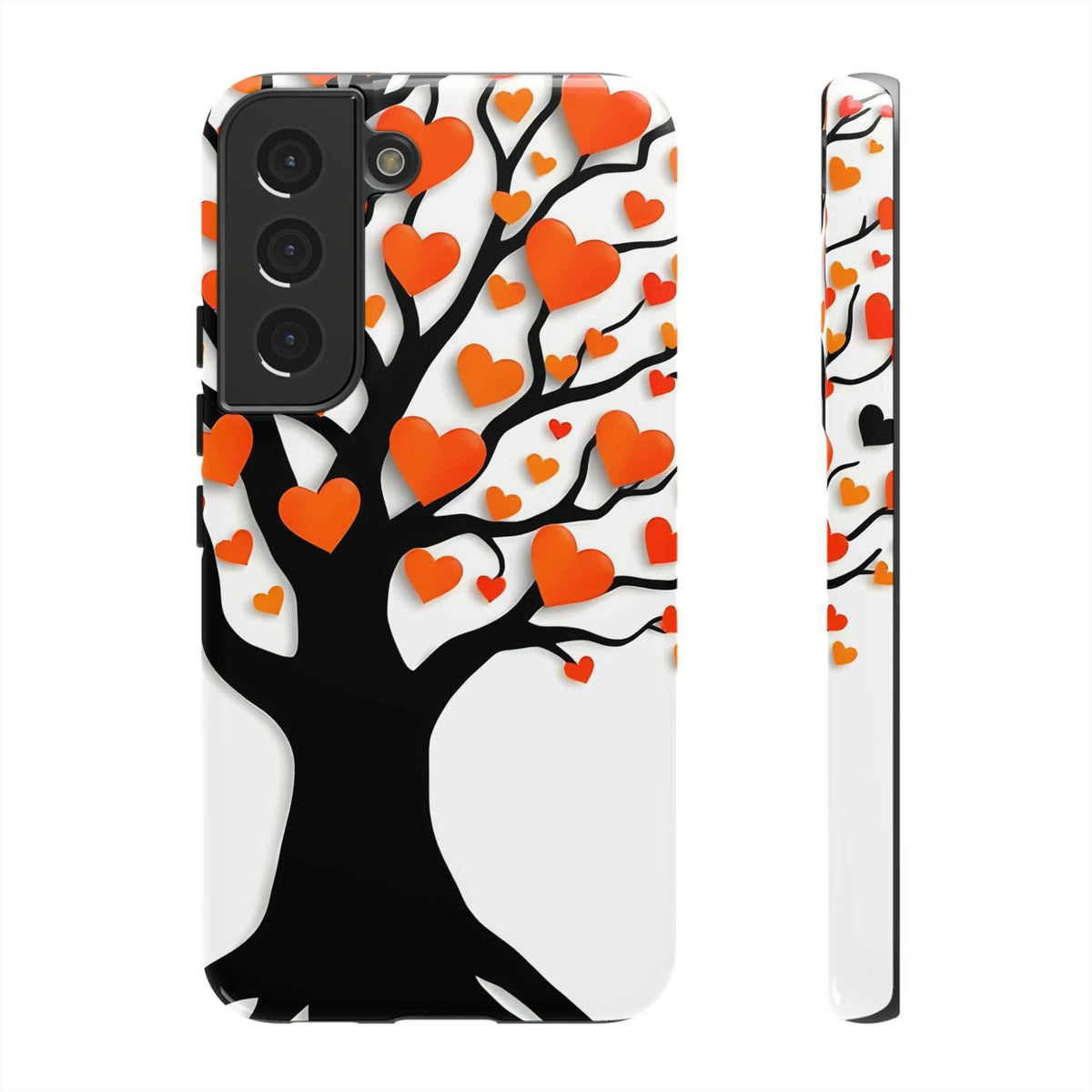 Phone case with black and white heart tree design and orange heart accents
