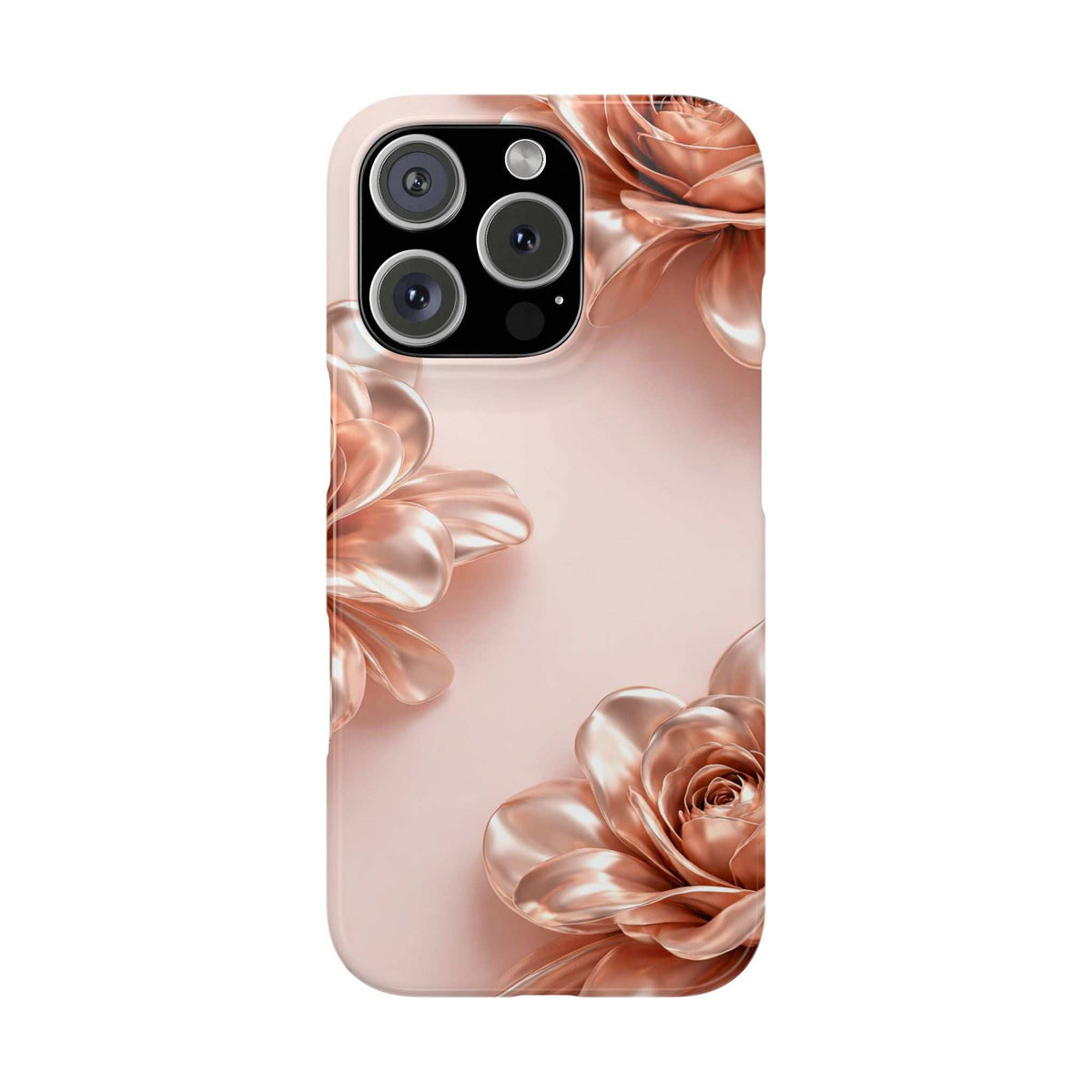 Blush pink phone case with metallic rose flower design and camera cutouts.