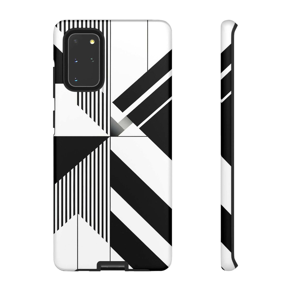 Monochrome tough phone case for iPhone and Galaxy, black-and-white geometric stripe pattern with camera cutout