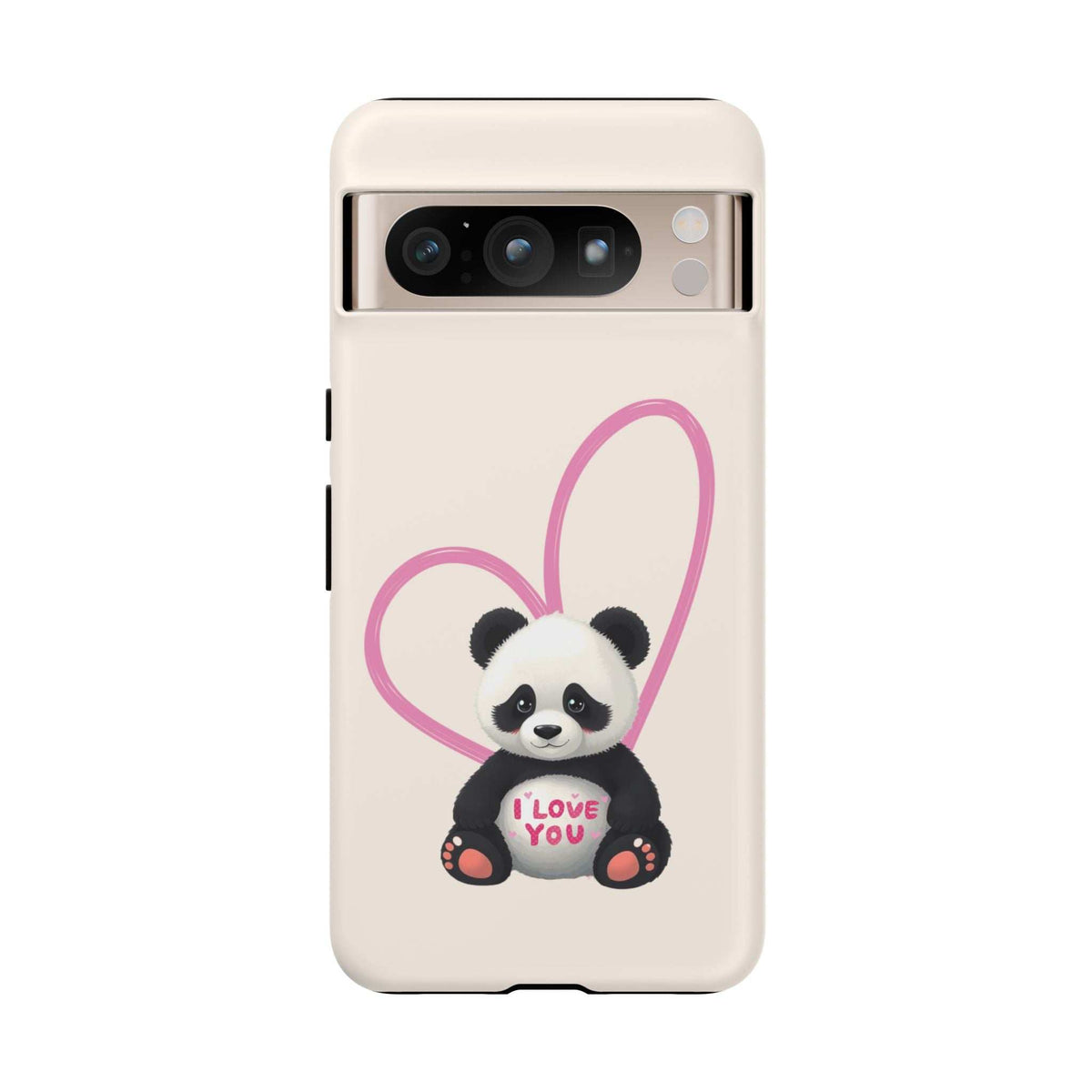 Cream slim phone case showing panda with pink heart design and camera window