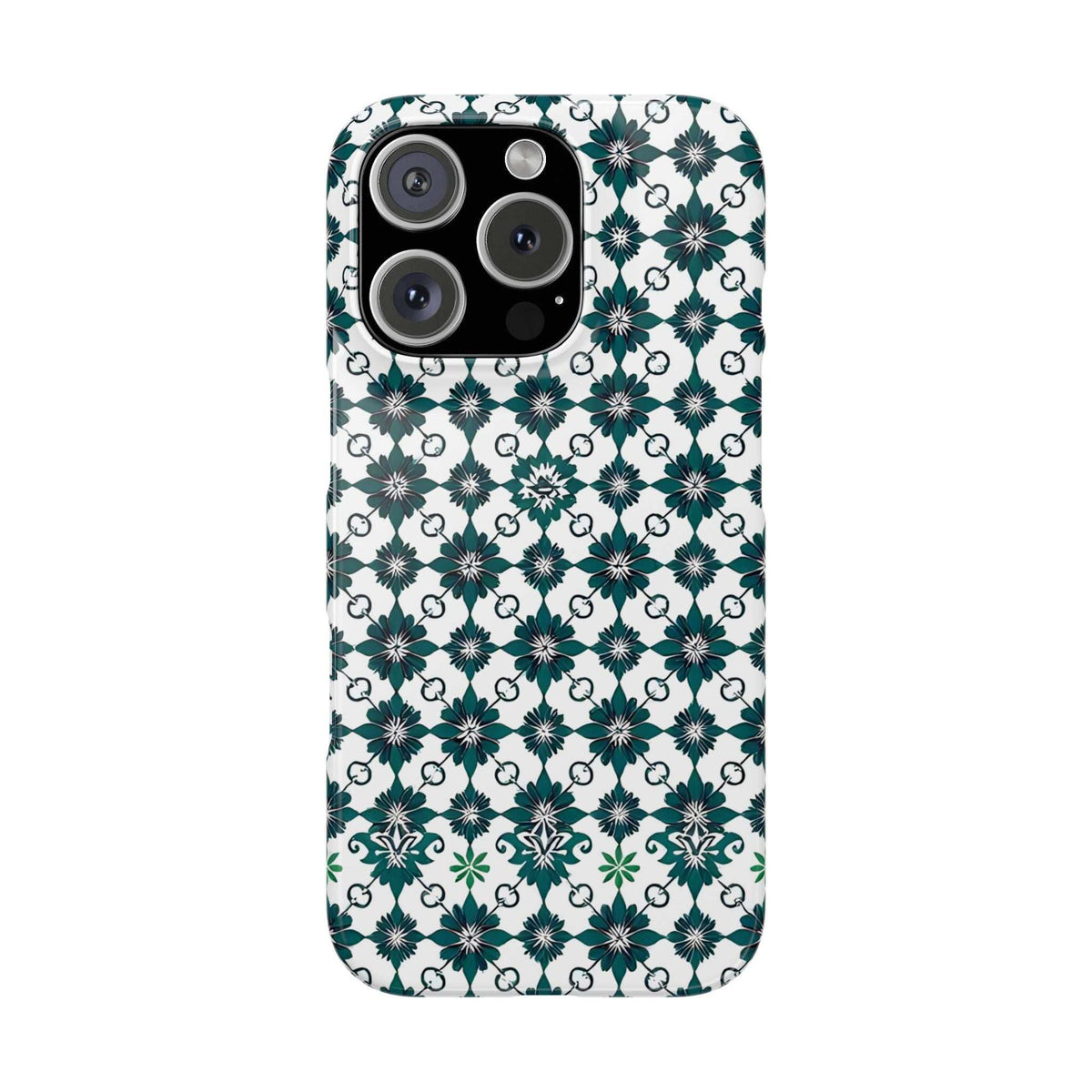 Teal floral geometric phone case on white showing multi-camera cutouts