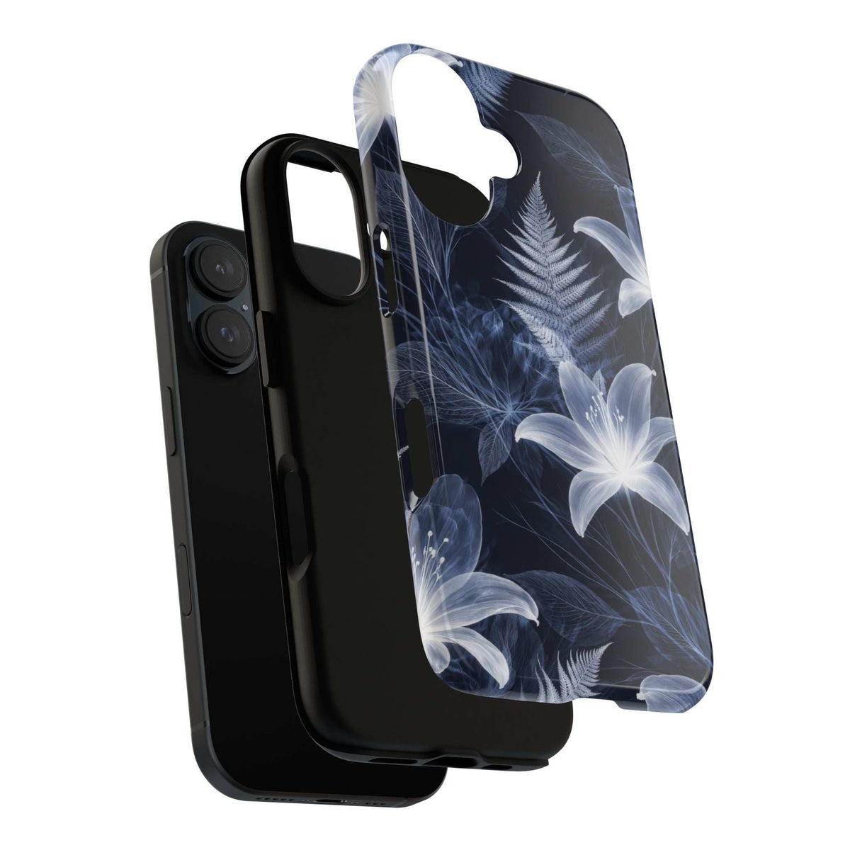 Matte-looking dark blue botanical phone case with white flowers, visible button and camera cutouts