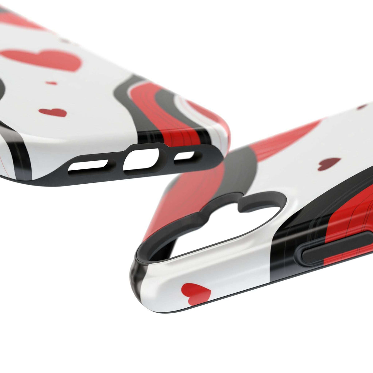 Glossy phone case, side openings and button covers; red and black heart design on white