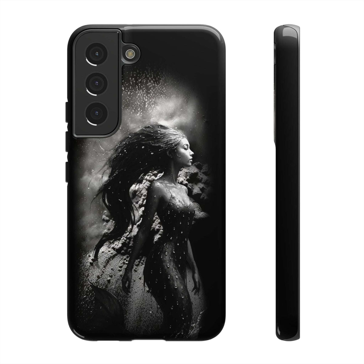Black phone case with monochrome mermaid graphic, three-lens camera cutout, side edge