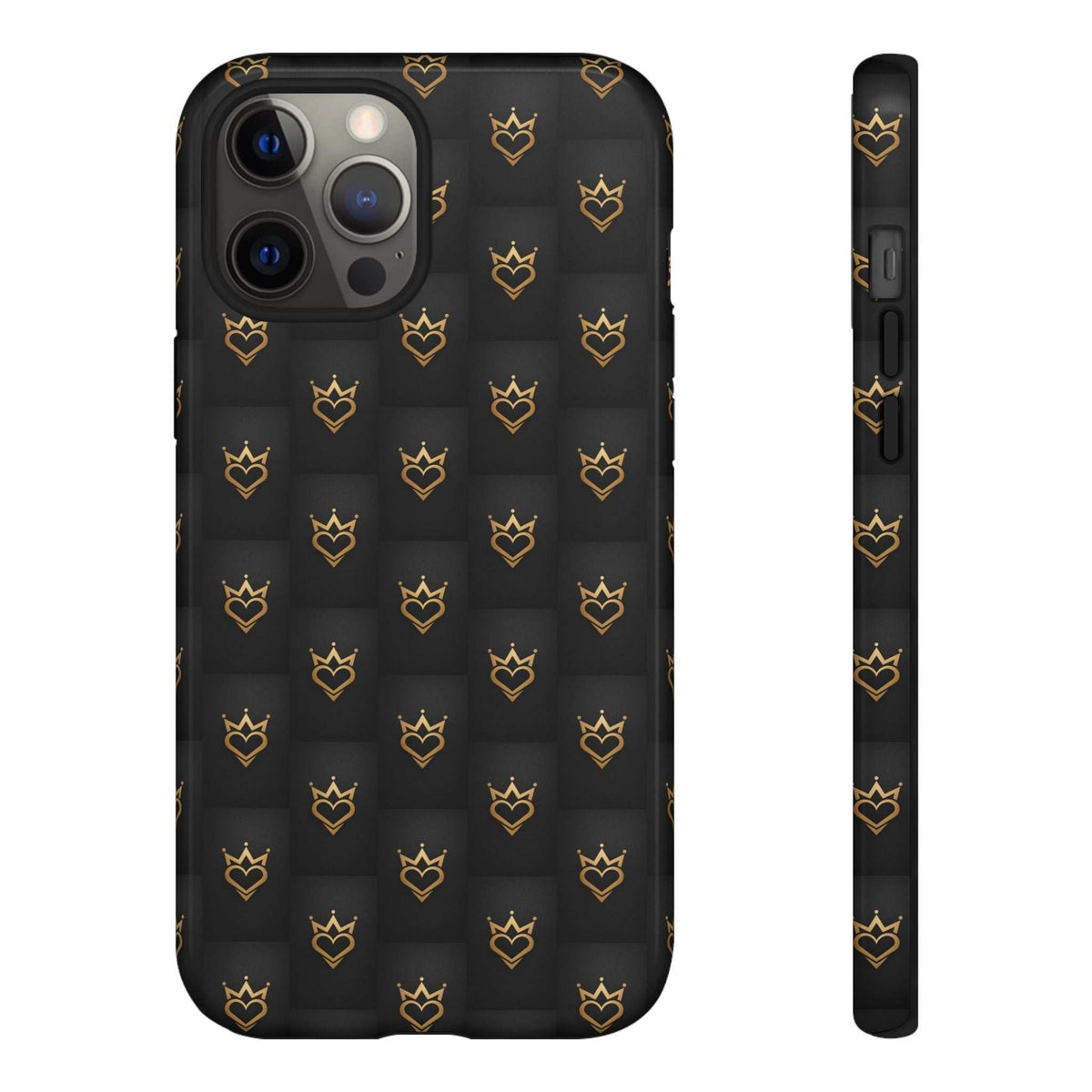 Glossy black phone case with repeating gold crown doodles and heart icons, side buttons