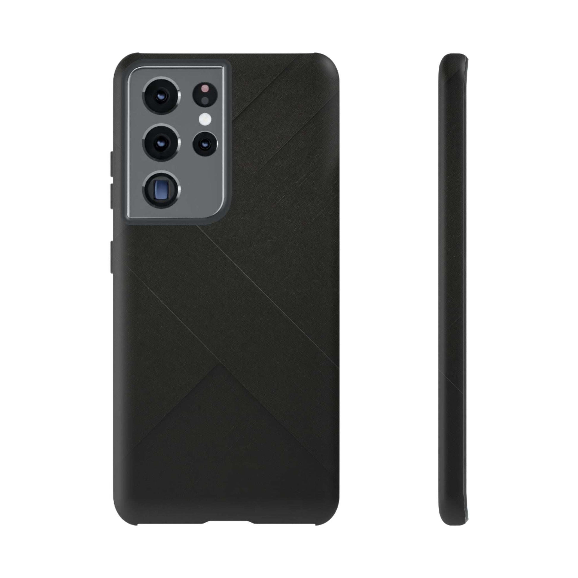 Matte black phone case with diagonal line pattern and side button and camera cutouts