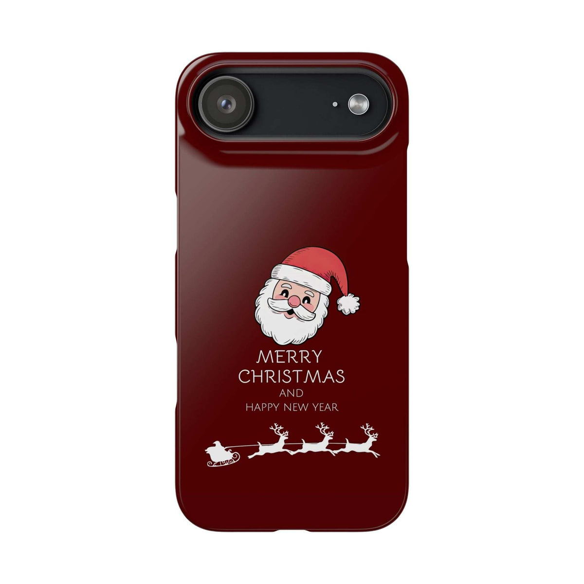 Glossy crimson phone case with Santa hat and sleigh holiday graphic, wide camera module