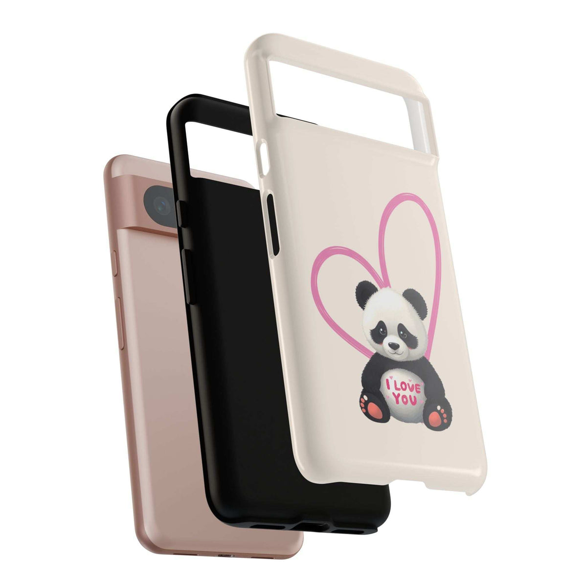 Beige phone case featuring panda and pink heart, with a pink phone back behind it