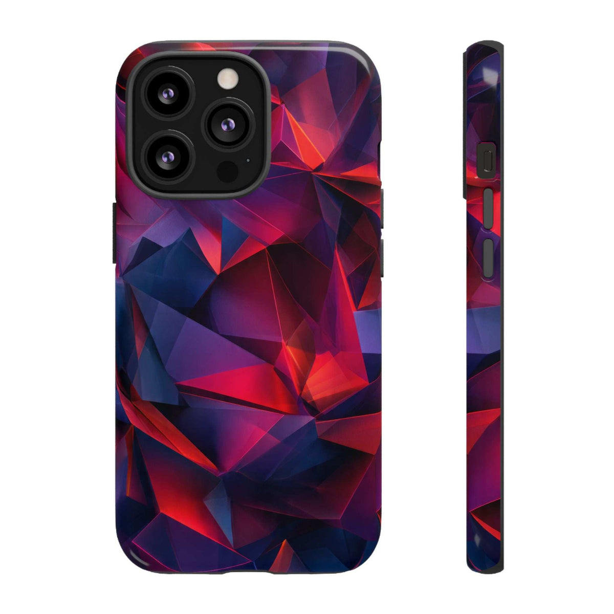 Glossy red and blue faceted prism phone case with camera module and side buttons cutouts.