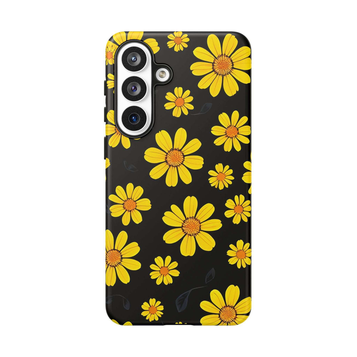 Black phone case with scattered yellow daisy flowers and camera cutout