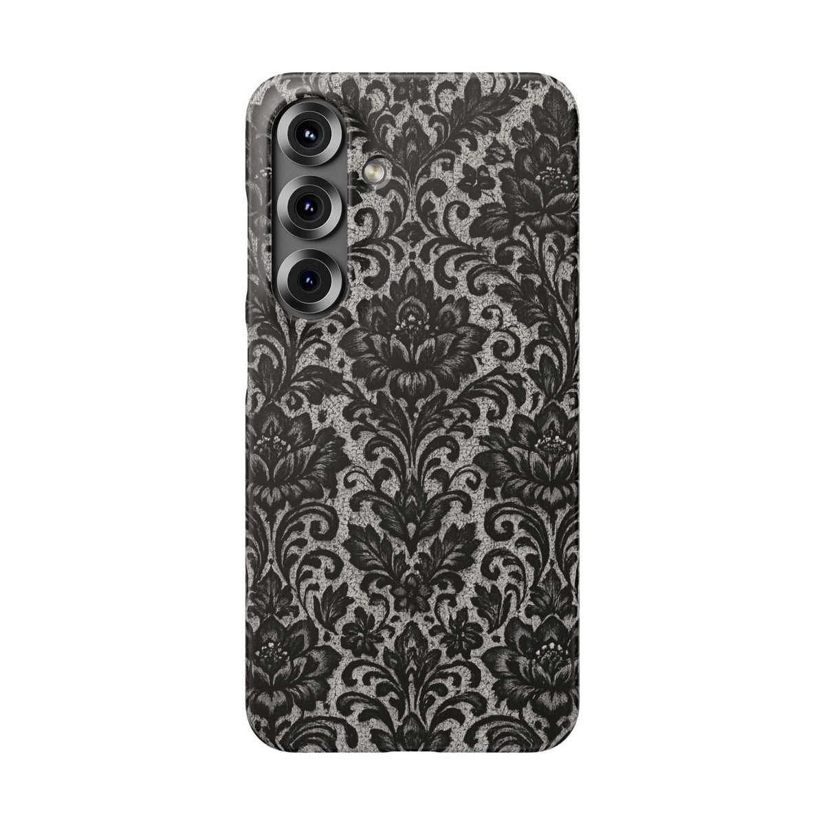 Black damask floral phone case with camera cutouts, front view
