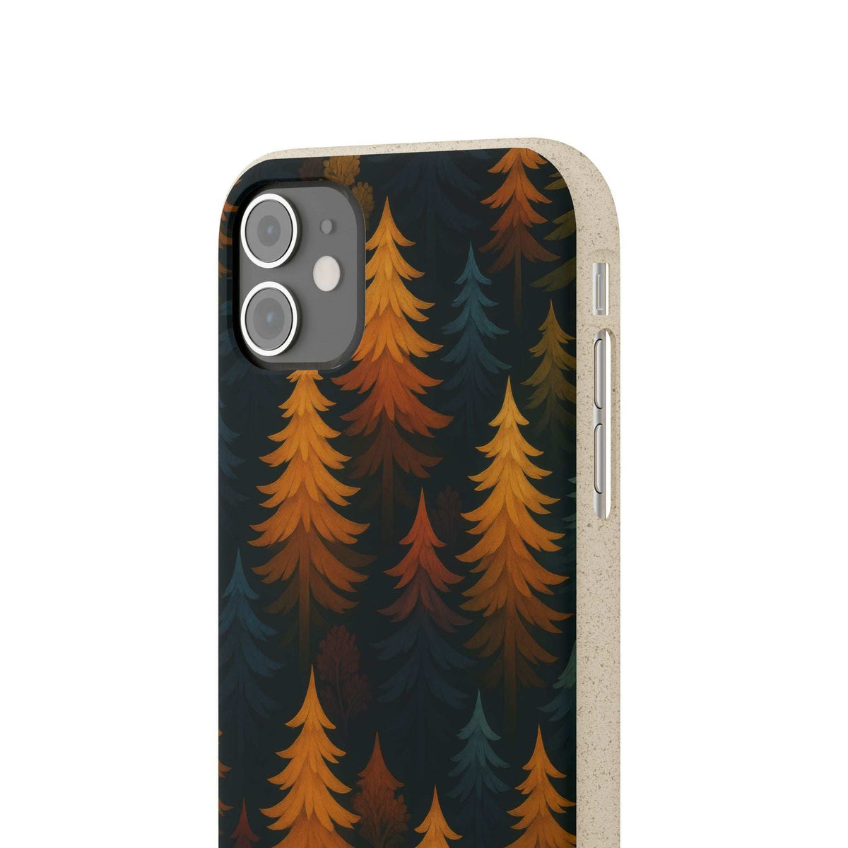 Biodegradable phone case with forest trees pattern, dark blue and orange, side button openings