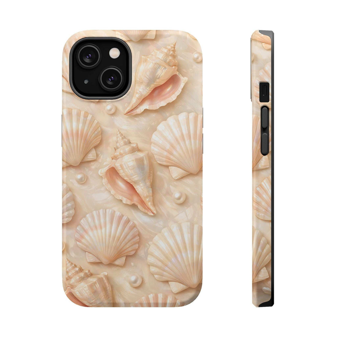 Seashell phone case with cream shell pattern, MagSafe cutouts for rear cameras
