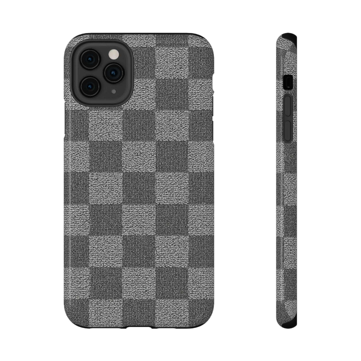 Gray checkered phone case side profile with button and port openings