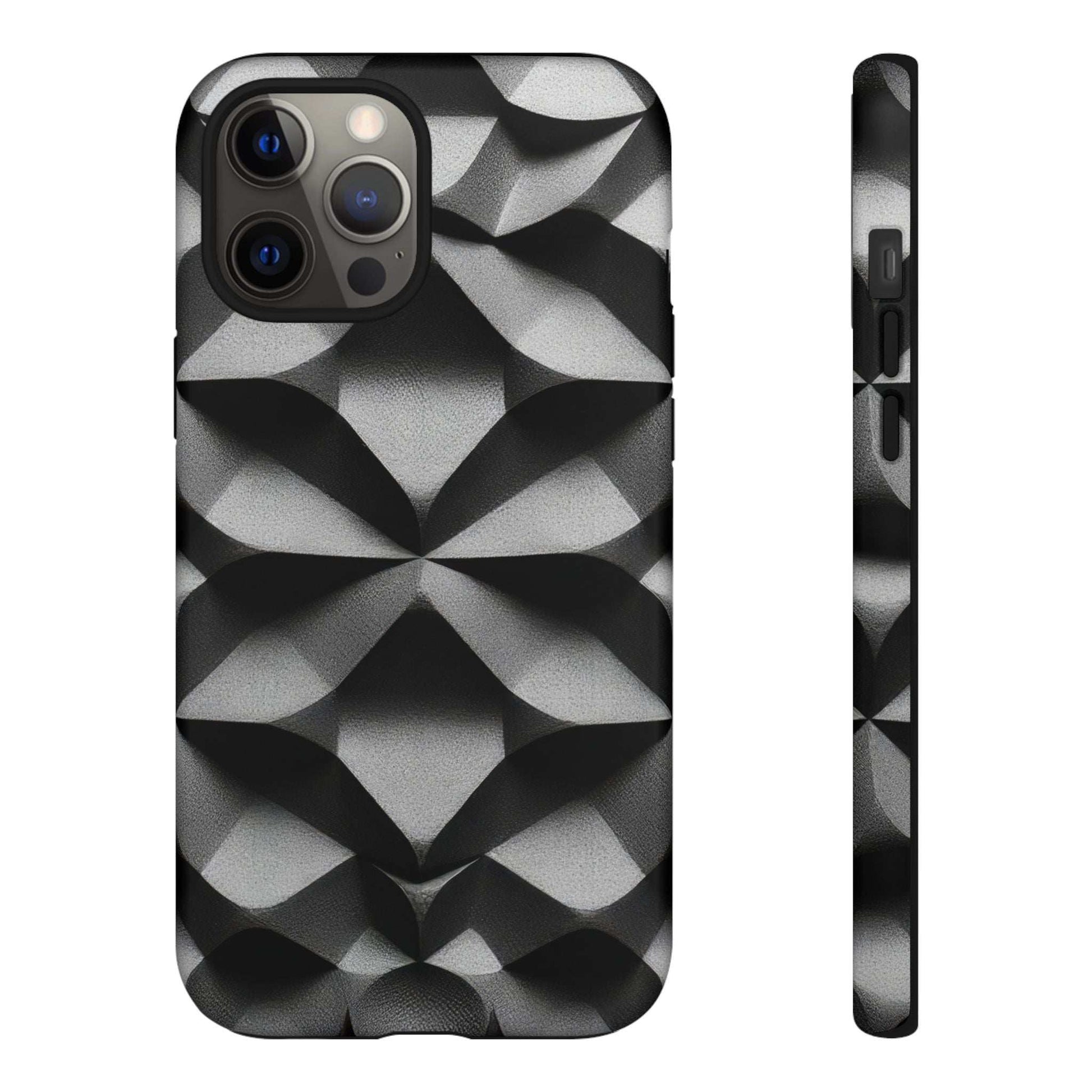 Black phone case with geometric diamond pattern, camera openings and shock-ready corners