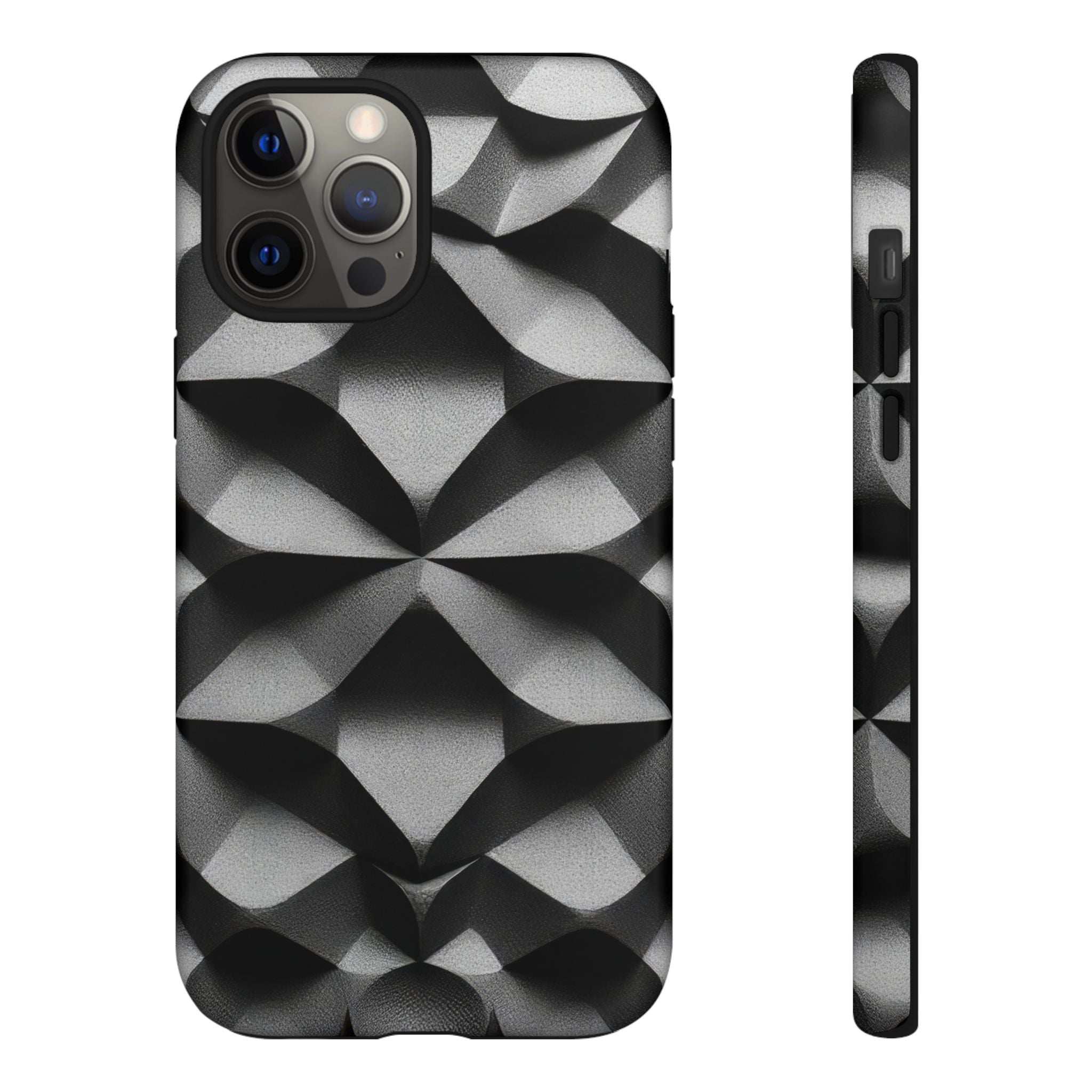 Black phone case with geometric diamond pattern, camera openings and shock-ready corners