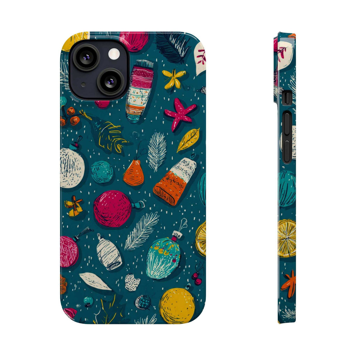 Teal winter-themed phone case back with camera lenses and colorful ornament print