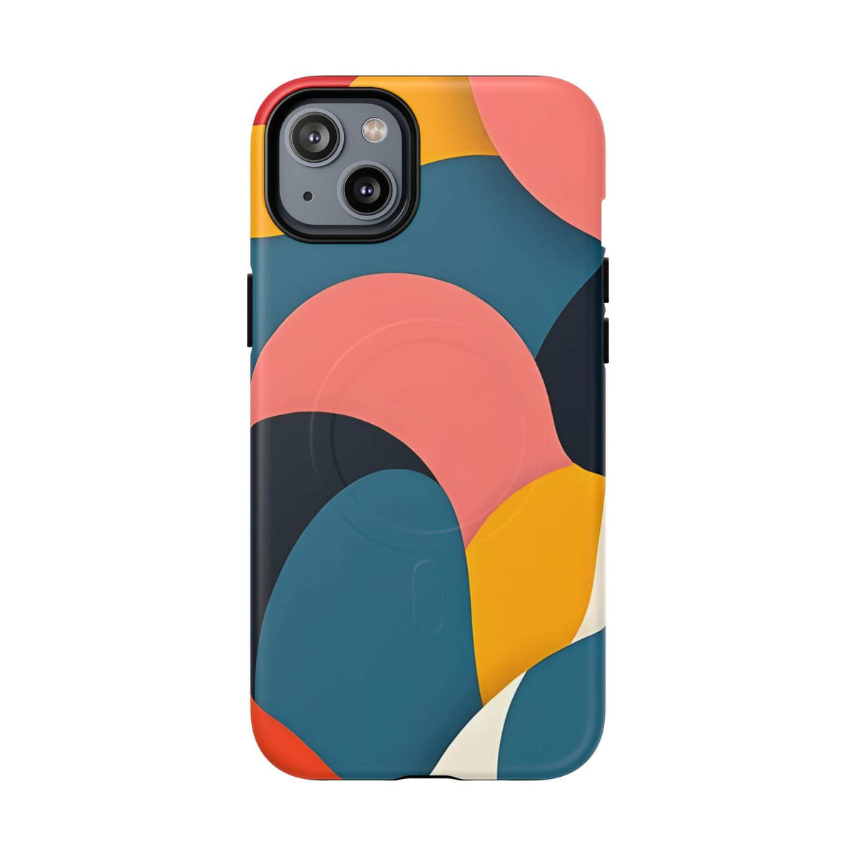 Colorful abstract iPhone phone case featuring coral ring, teal wave, yellow section and camera cutout