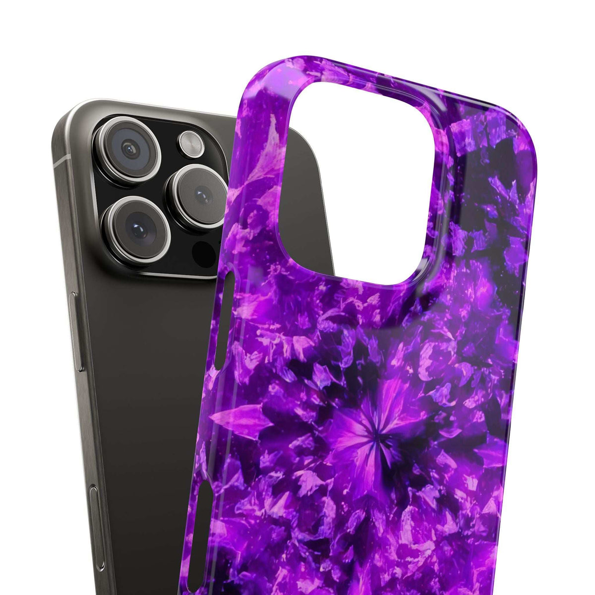 Purple kaleidoscope phone case with cutout for camera and speaker, glossy finish