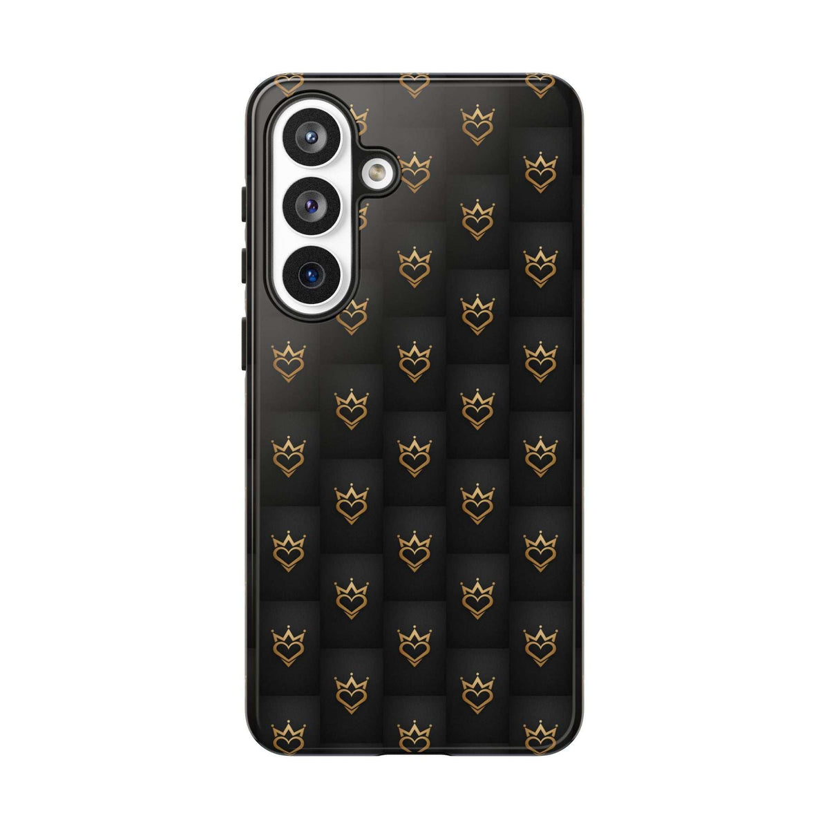 Glossy black phone case with gold crowned heart doodle pattern, dual camera cutout.