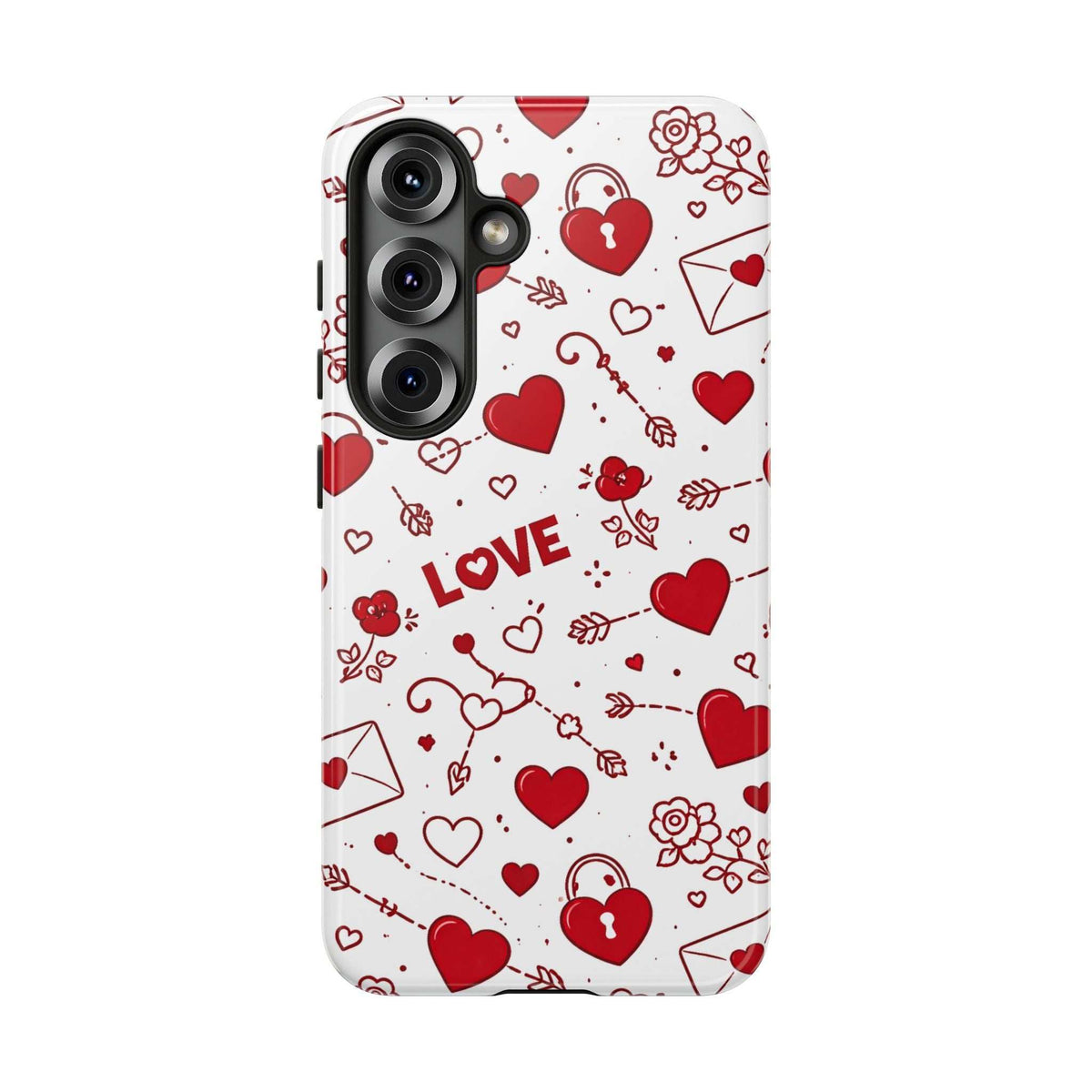 Glossy white phone case with red heart and love doodle pattern; protective camera openings