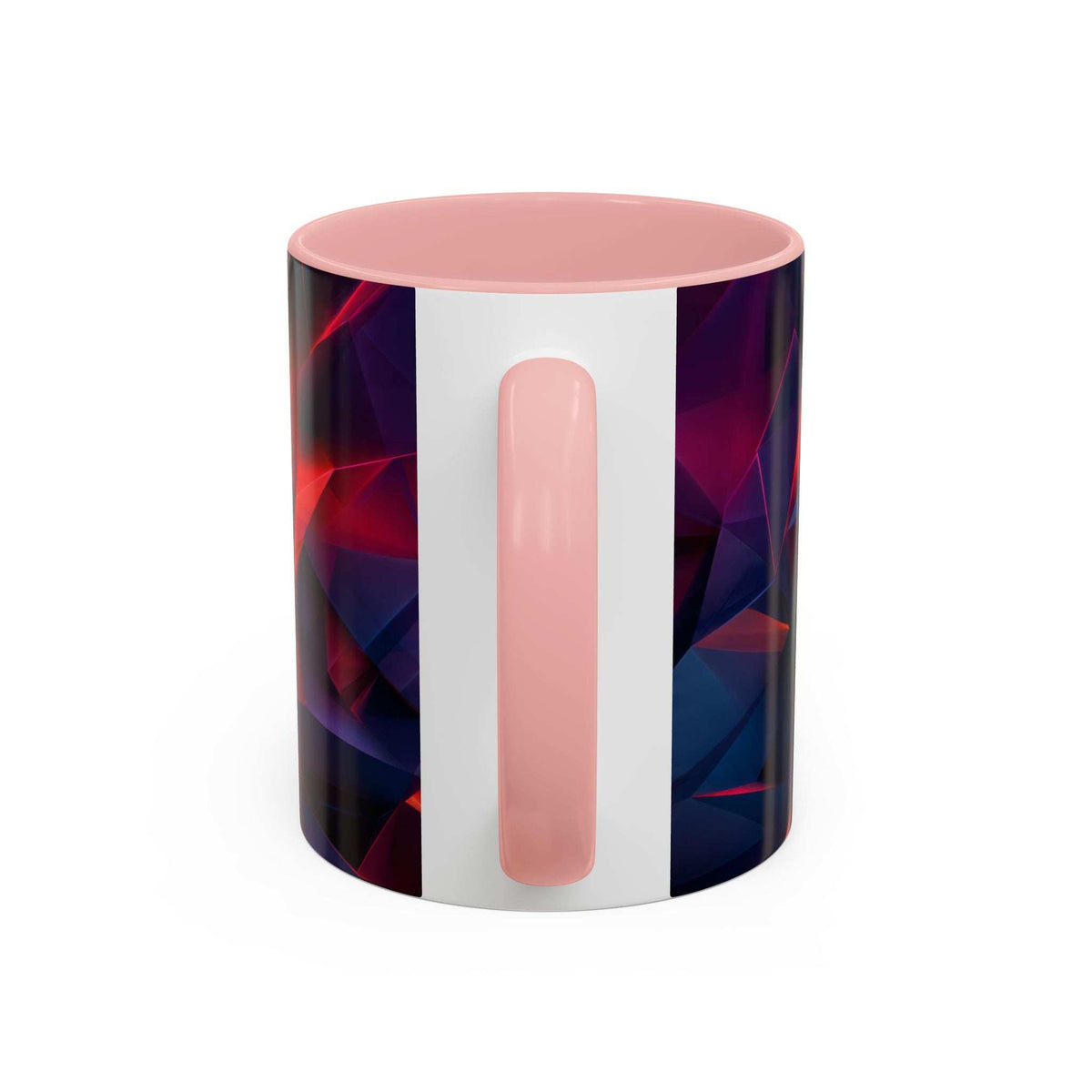 Ceramic accent mug with light pink vertical stripe and faceted red/purple/blue pattern, pink rim