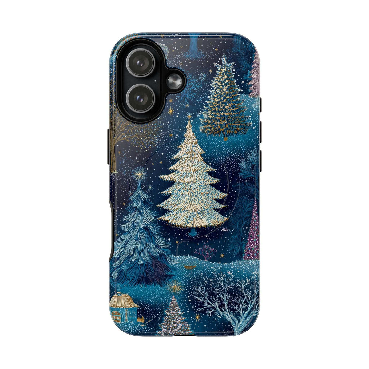 Glossy blue phone case featuring gold pine trees over wintry landscape, camera cutouts.