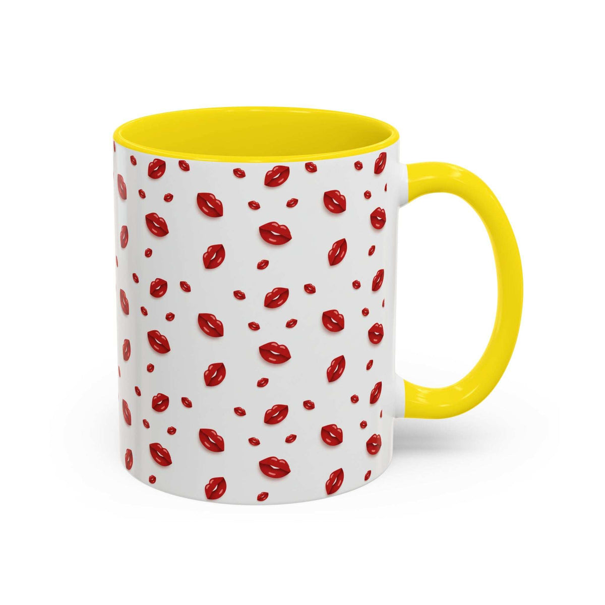 Yellow-accent coffee mug with red lips pattern and yellow handle