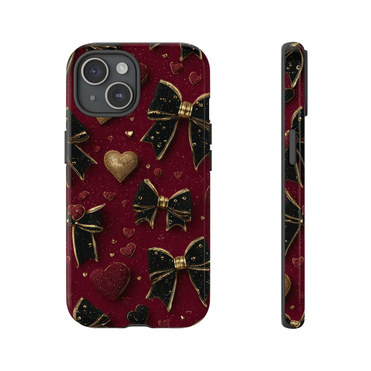 Maroon glossy phone case with gold hearts and bows; front view with camera openings