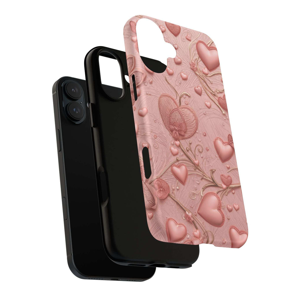 Pink heart-themed embossed phone case with raised hearts and camera cutout