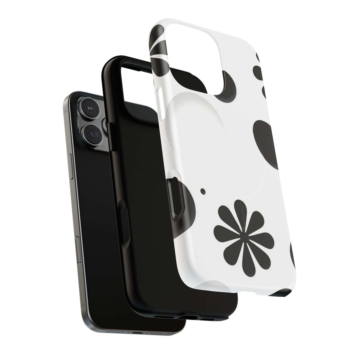 Magnetic phone case featuring white background with black floral and dot accents; camera opening.