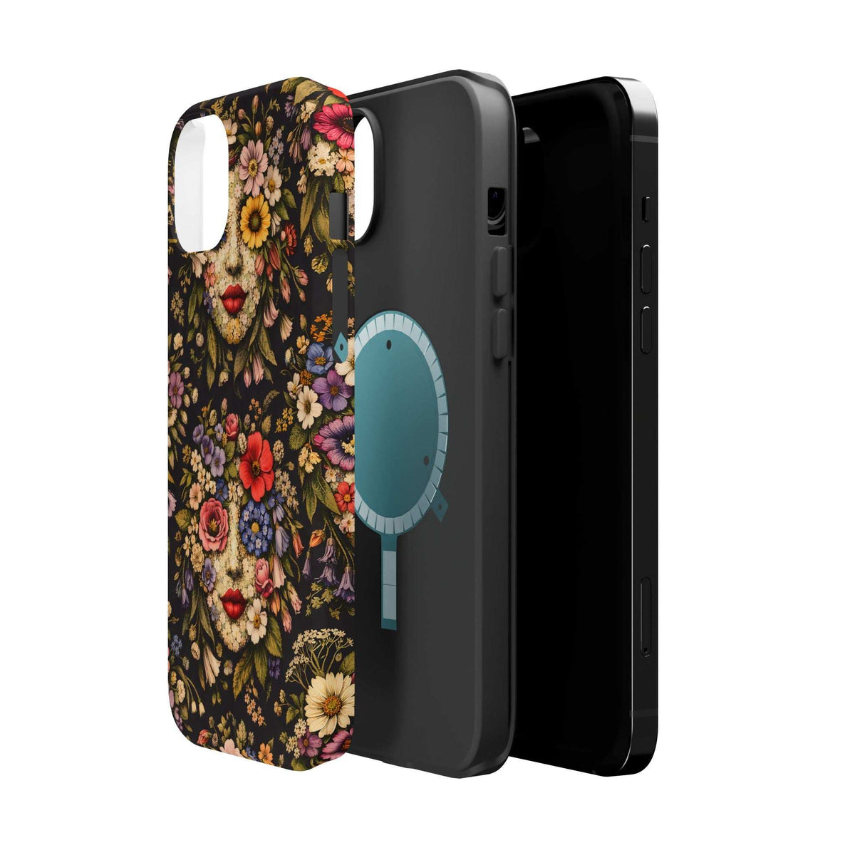Floral vintage face phone case close angle; shows rounded corners and camera cutouts.