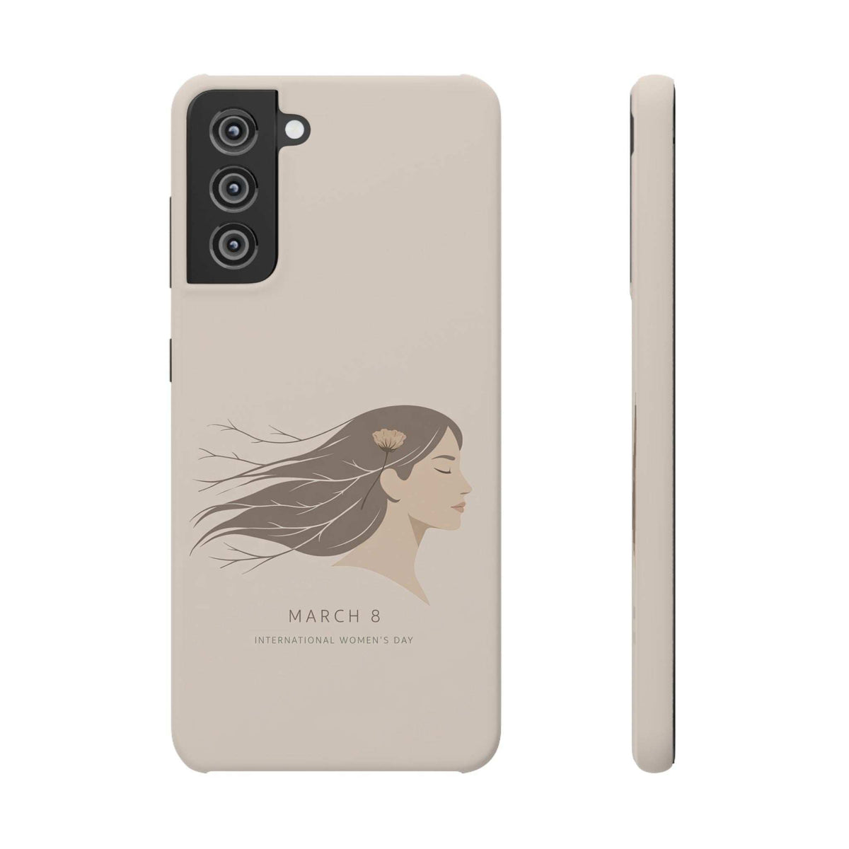 Beige phone case with woman profile illustration and “MARCH 8” text; side view for thickness.