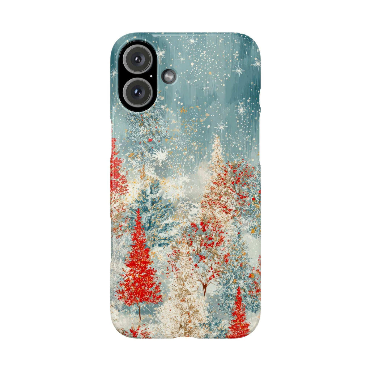 Snowy forest phone case, blue snowy scene with red trees, rear camera openings