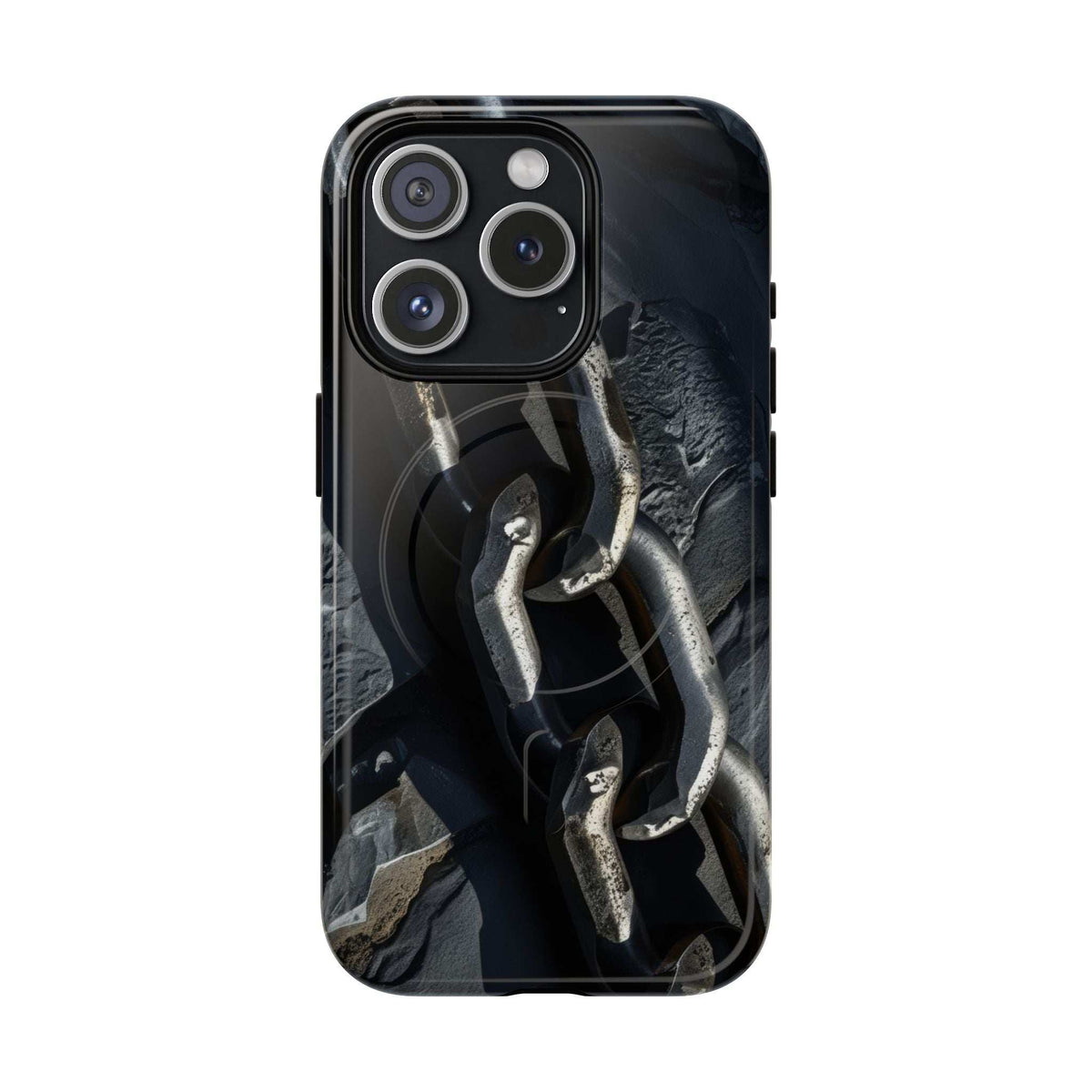 Black magnetic phone case with iron chain design, raised camera protection