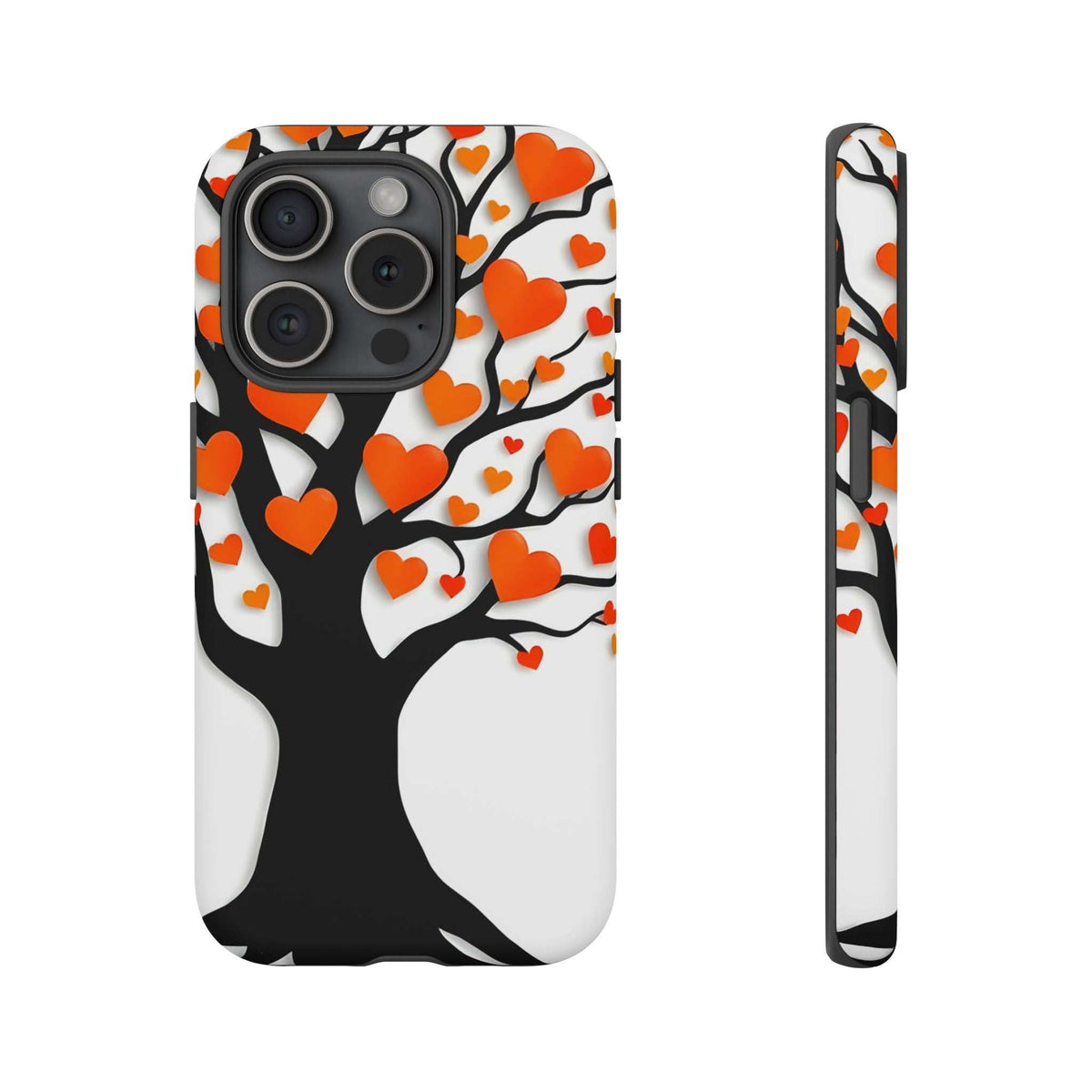 Heart tree phone case with orange heart pattern; triple camera openings and side button cutout.