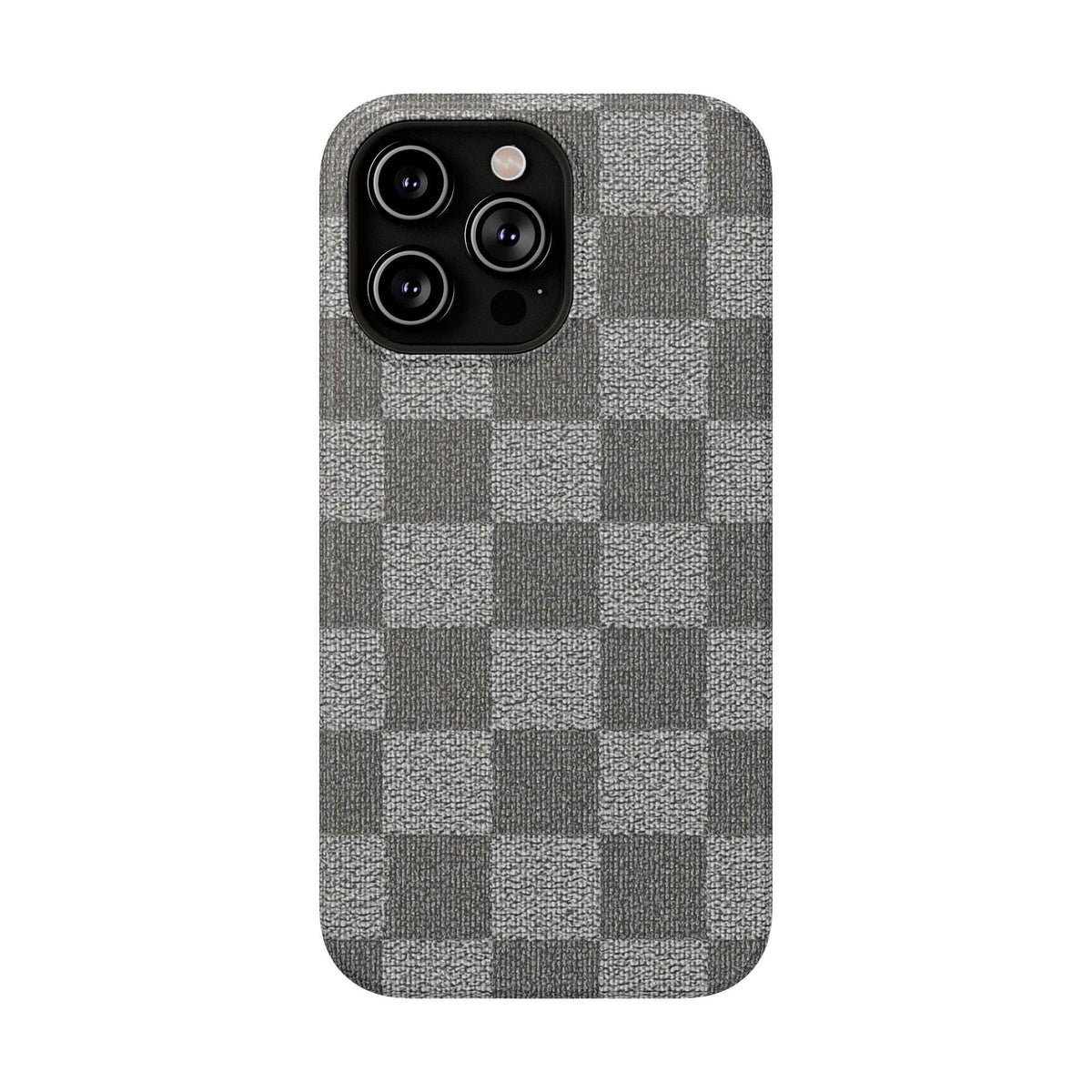 Gray checkered phone case with camera cutout and raised lens area, textured fabric finish