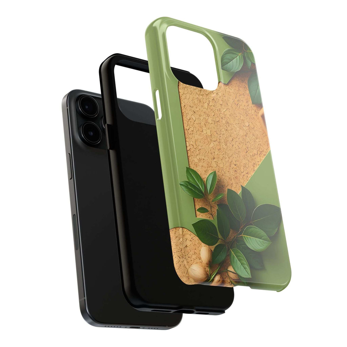 Green eco phone case with cork-look back and leaf design, shown with a phone behind