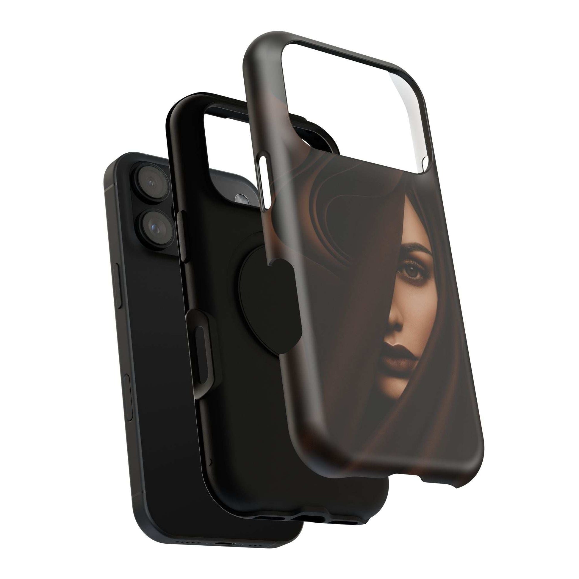Phone case with dark portrait artwork, glossy black bumper, side button covers