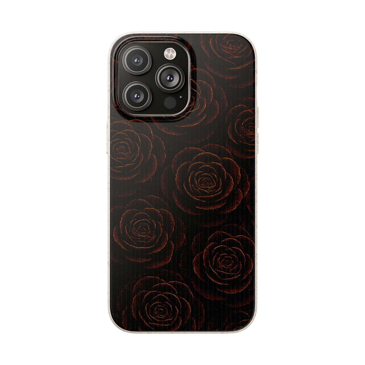 Dark phone case featuring a rose pattern and clear camera openings; slim protective fit.