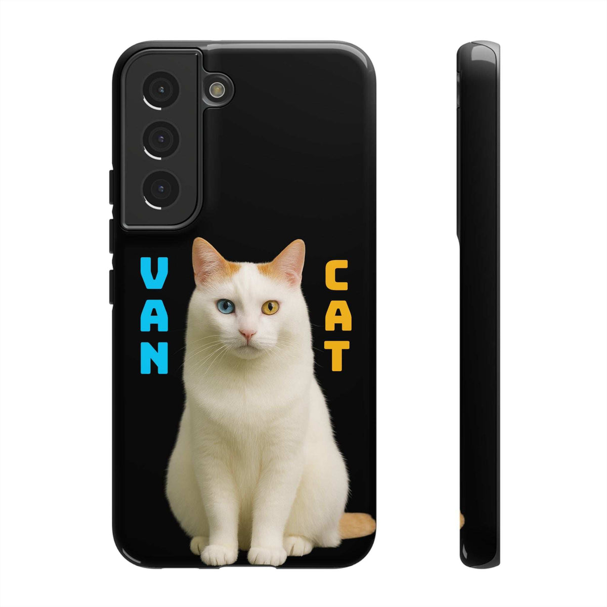Black glossy phone case with cat face graphic and raised camera cutouts