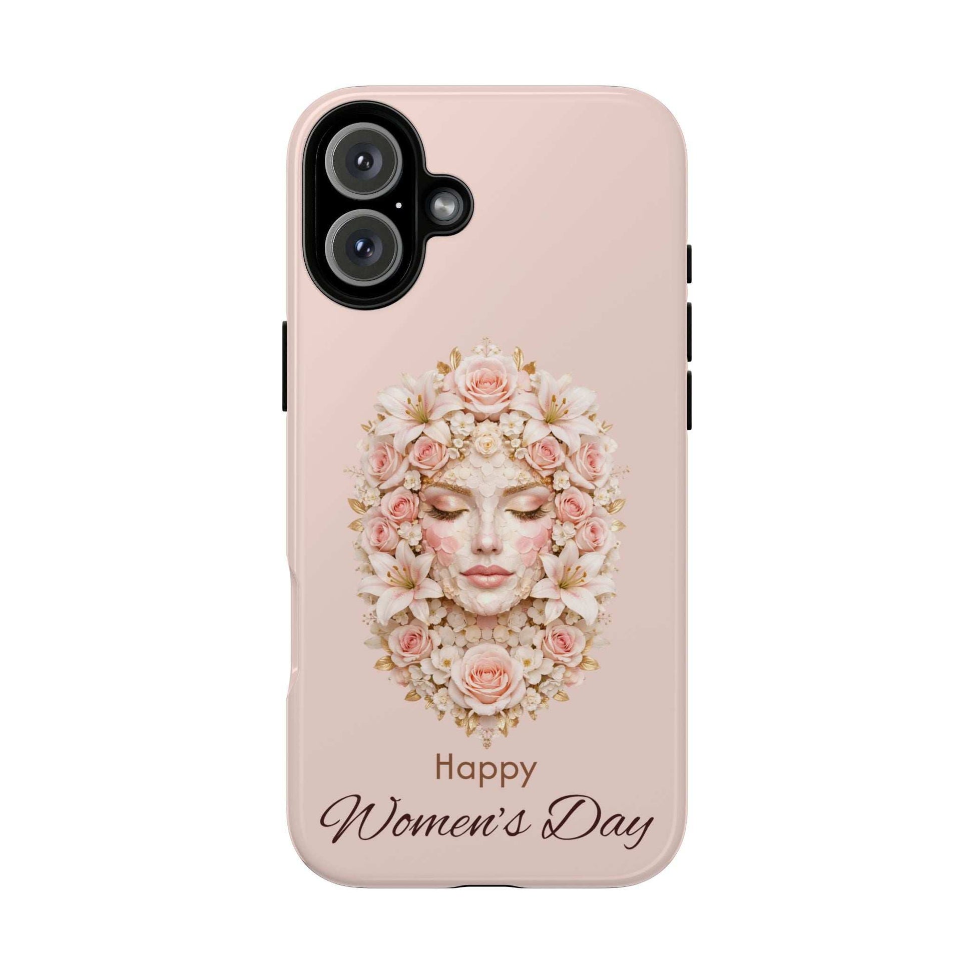 Light pink phone case with floral wreath portrait and 'Happy Women’s Day' text