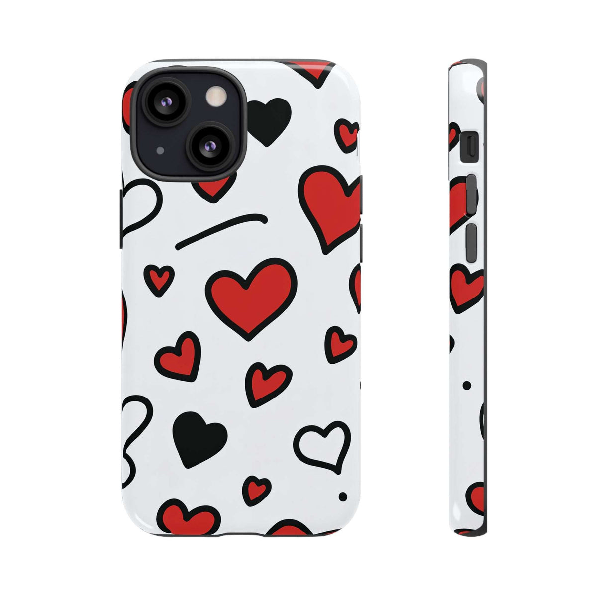White phone case with scattered hearts; front and side views show camera and speaker cutouts