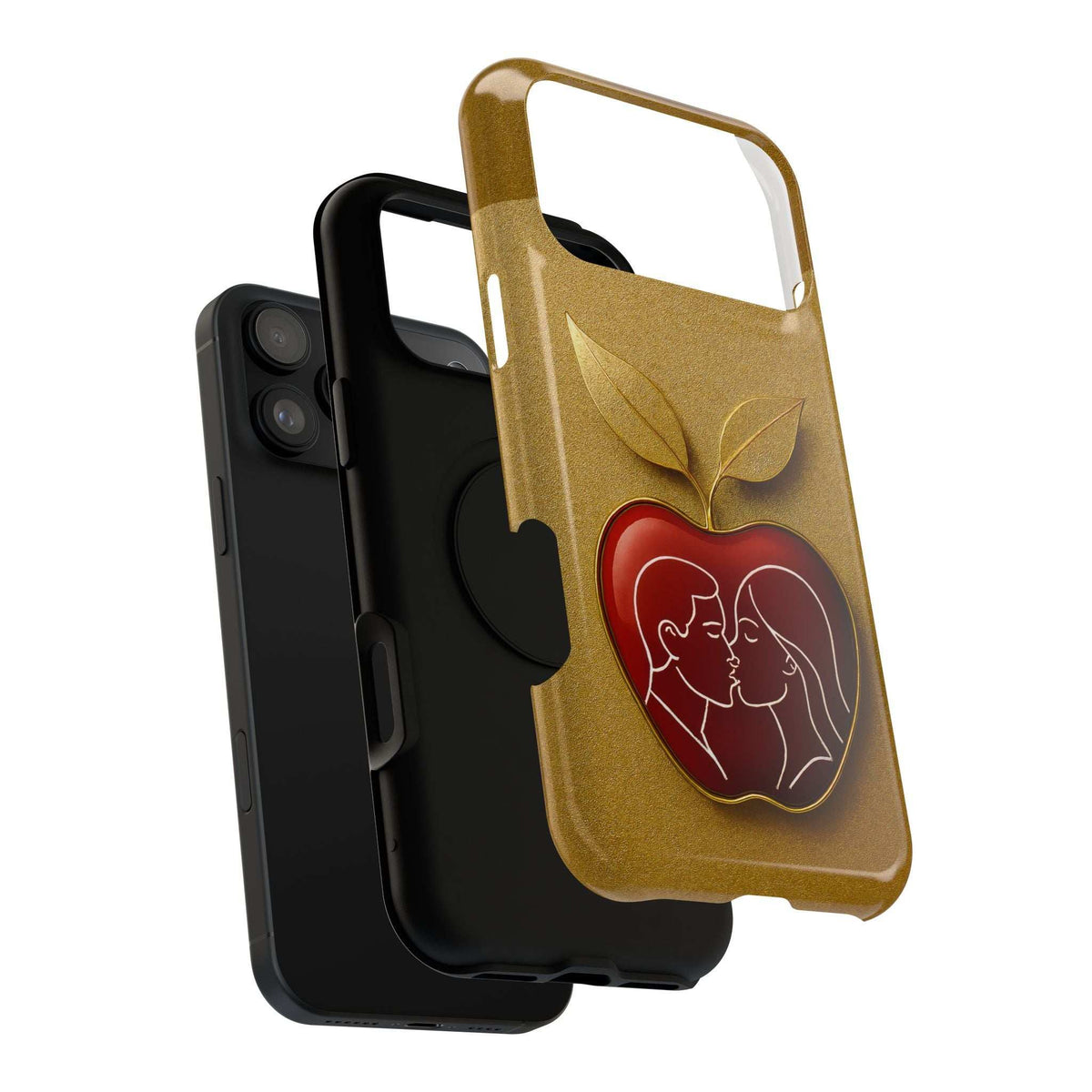 Gold glitter phone case with red heart couple and apple leaves; raised camera and screen lip