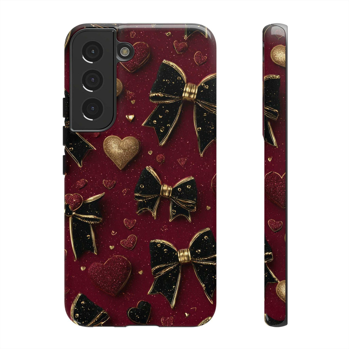Burgundy glossy phone case with gold bow and heart pattern, camera cutouts and side view