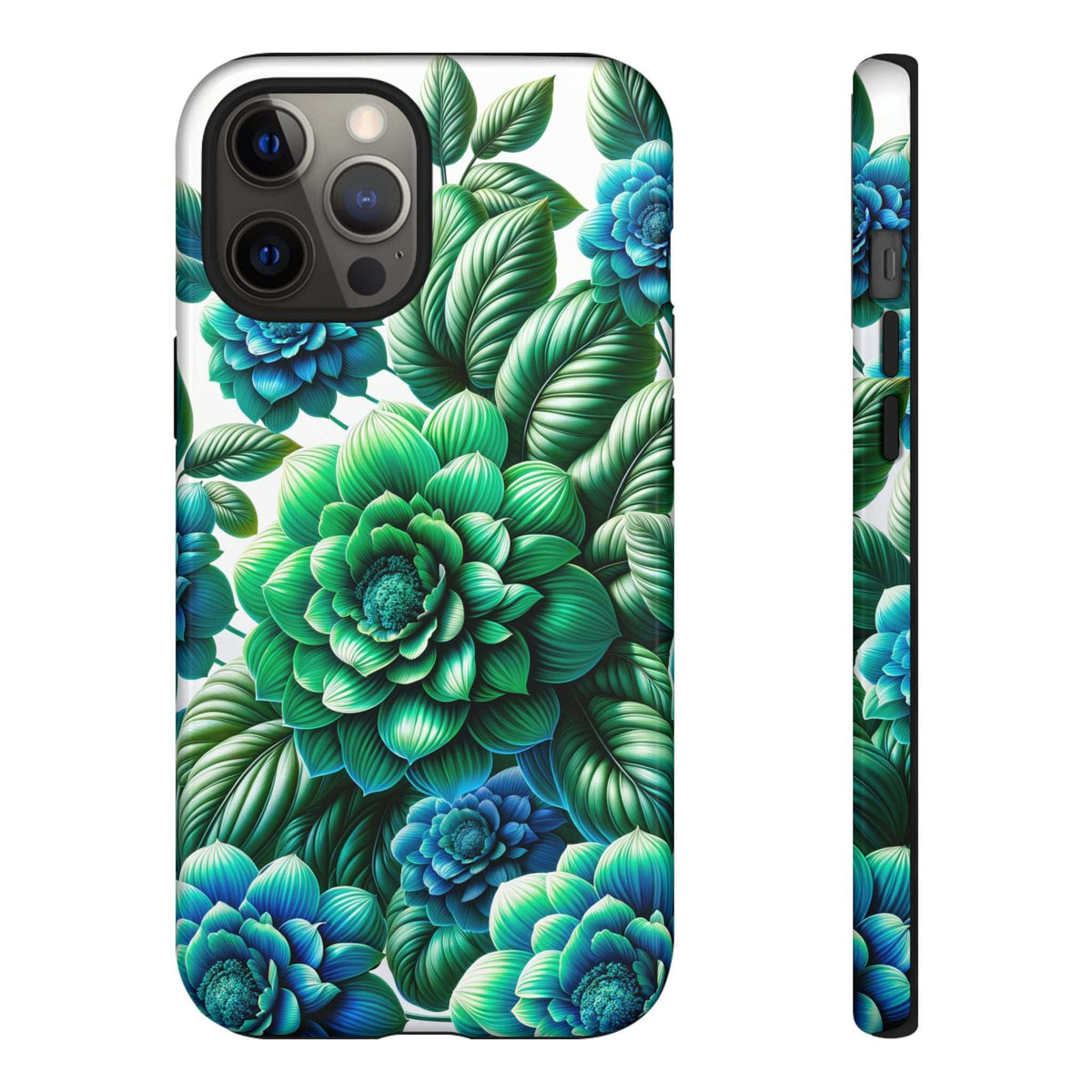 Green & blue floral phone case with leafy peonies, side profile and camera cutouts