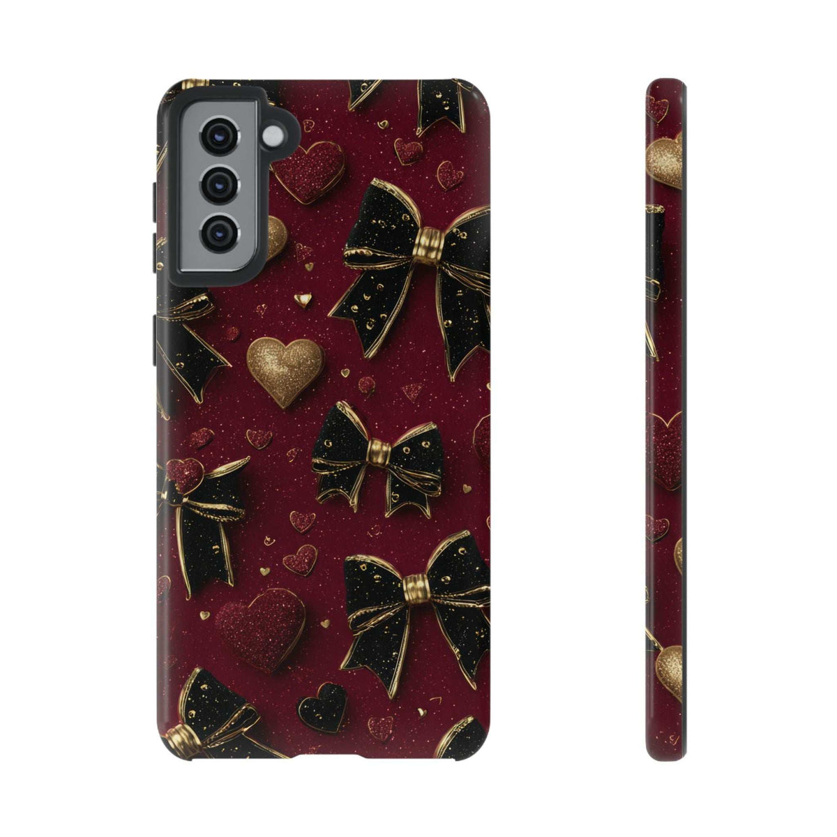 Burgundy glossy phone case with gold hearts and bows, camera module and side profile