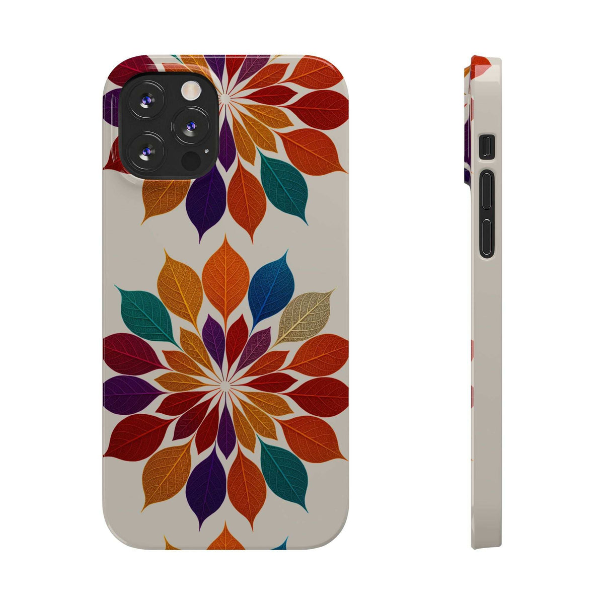 Leaf mandala phone case for iPhone 11-17, front and side profile with colorful leaf artwork