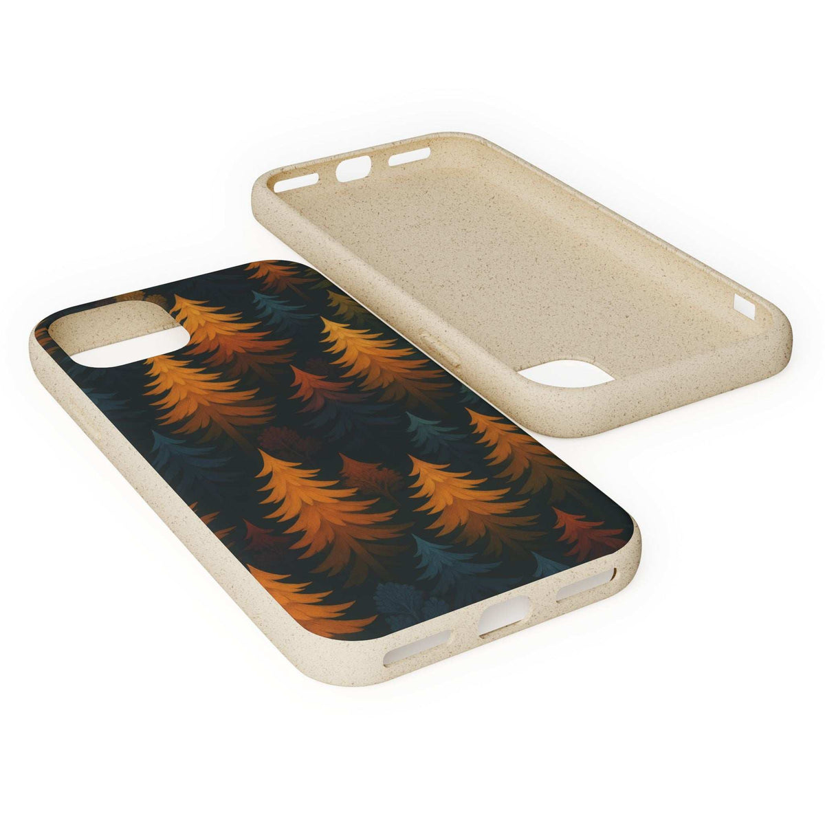 Biodegradable phone case, tan back and dark cover with orange tree pattern
