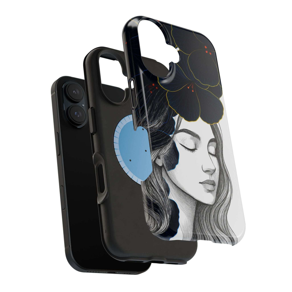 Dark floral phone case with woman portrait and navy flowers, front edge and camera cutouts